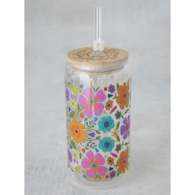 Glass Tumbler Floral With Lid And Straw