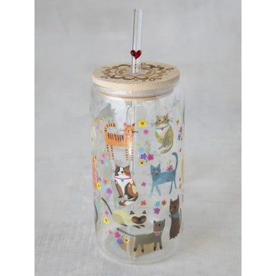 Glass Tumbler Cats With Lid And Straw