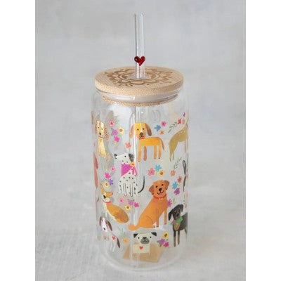 Glass Tumbler Dogs With Lid And Straw
