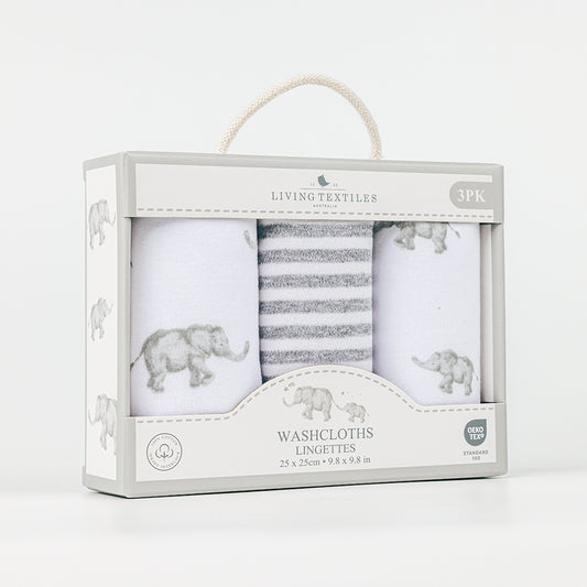 3pk Washcloths- Grey Elephant/stripes