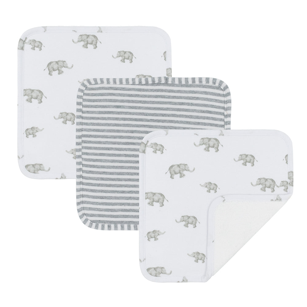 3pk Washcloths- Grey Elephant/stripes