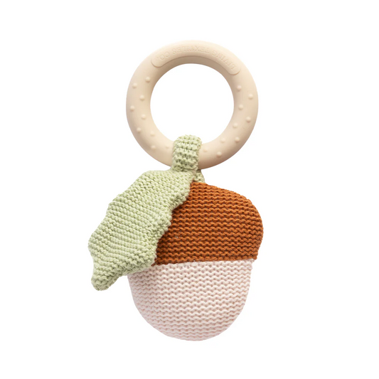 Knitted Ring Rattle Acorn & Leaf