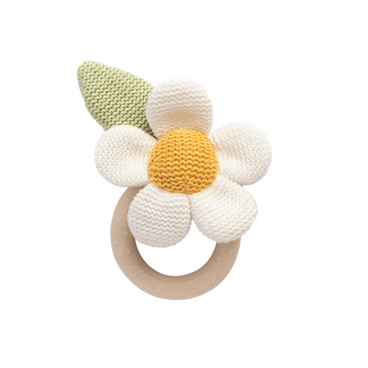 Knitted Ring Rattle Daisy & Leaf