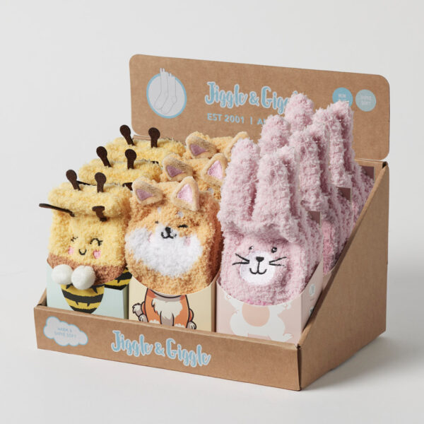 J&g Grippy Animal Socks Cdu 12pcs/3asst