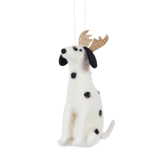 Wool Dalmation With Antlers Hanging Ornament